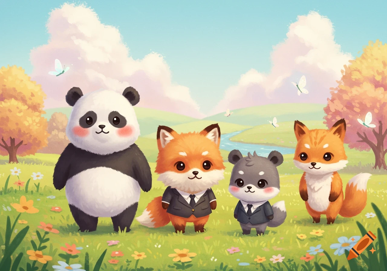 A cute panda, two foxes, and a bear in suits stand in a grassy field with flowers, trees, and a river under a blue sky, in a kawaii cartoon style.