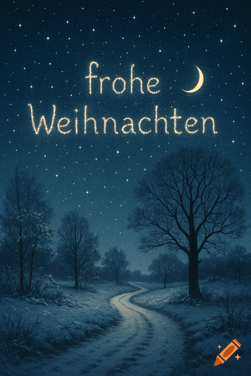 A serene winter night landscape with bare trees, a winding path, and a starry sky with a crescent moon. 'Frohe Weihnachten' in glowing stars.
