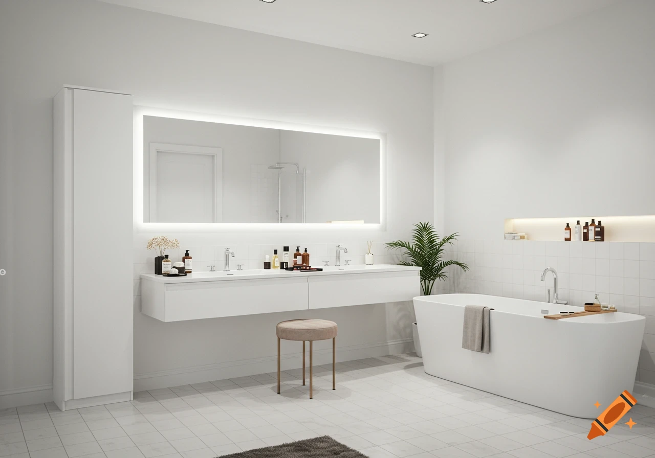 A bright, modern bathroom featuring a double vanity, an illuminated rectangular mirror, a tall white cabinet, and a freestanding bathtub.