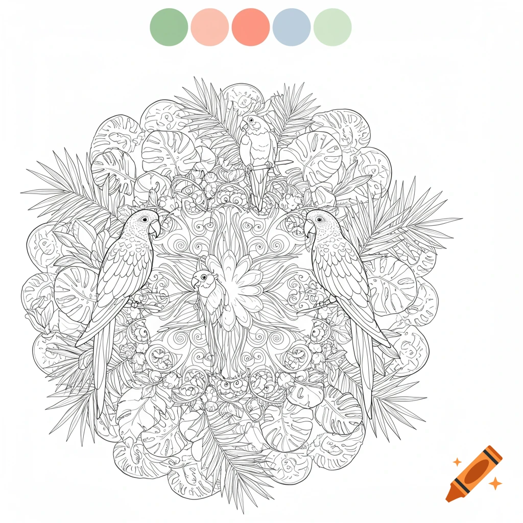 Detailed line art mandala with parrots, tropical leaves, and a suggested color palette at the top, suitable for coloring.