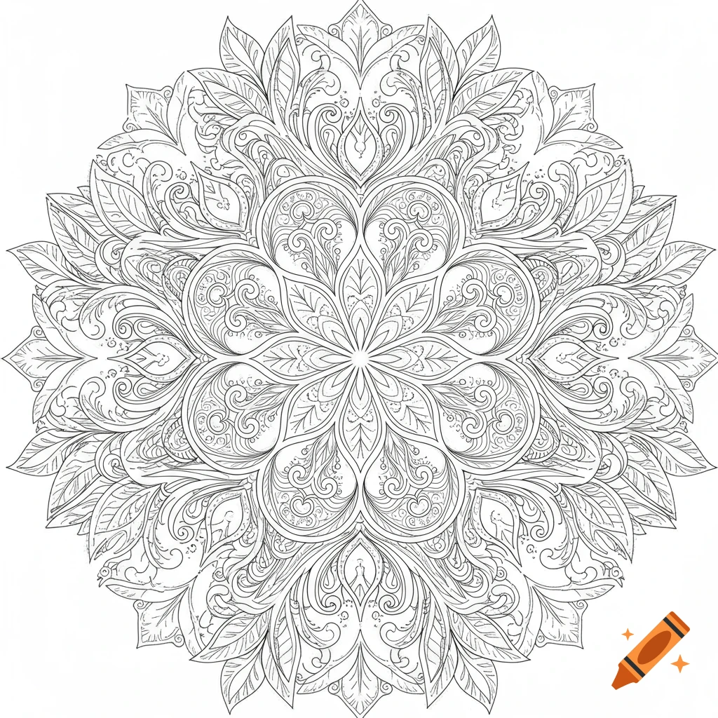 Detailed black and white floral mandala with tulip petals, leaves, and spirals, in line art style for a coloring book.