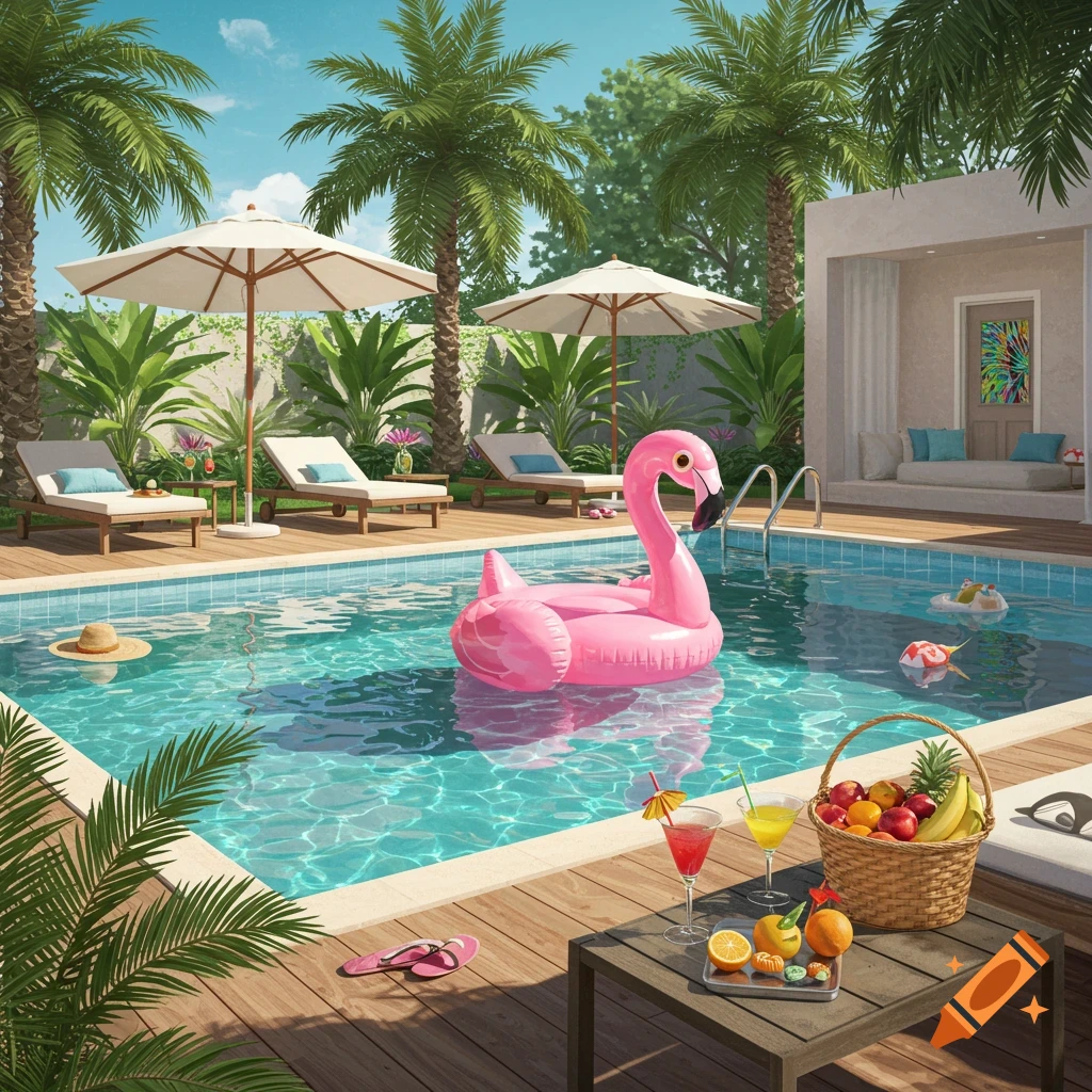 A vibrant, photorealistic poolside scene with a pink flamingo float, lounge chairs, umbrellas, palm trees, cocktails, and a fruit basket.