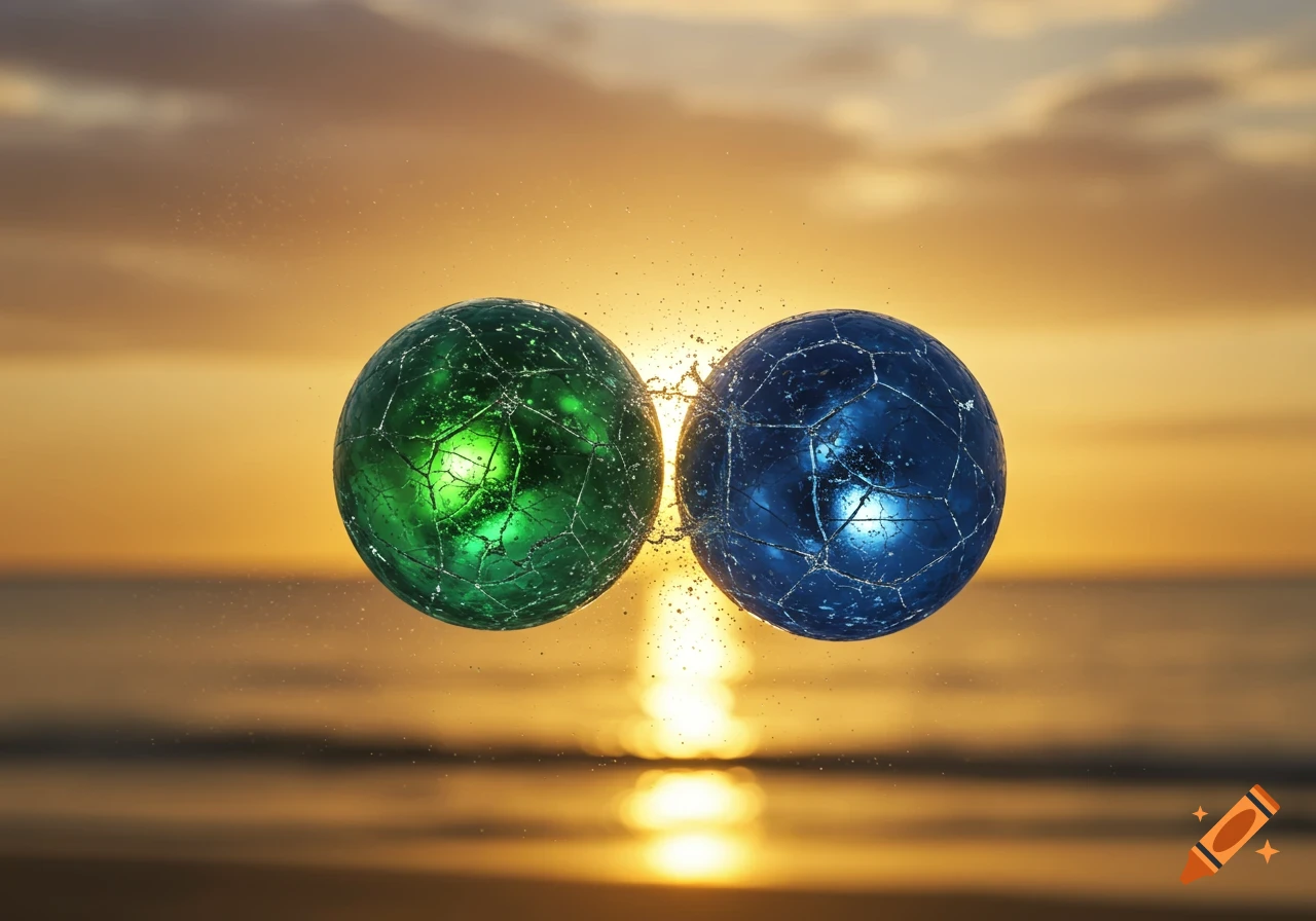 Green and blue textured spheres collide mid-air, splashing water droplets against a warm sunset ocean background.