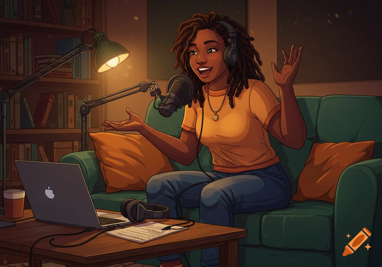 A cartoon African American woman with locs, wearing headphones, sits on a couch recording a podcast. A microphone, laptop, and paper are on a table.