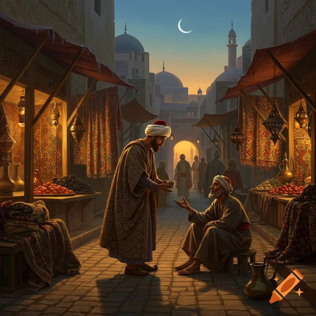 Man gives alms to a seated beggar in a bustling Middle Eastern marketplace at sunset, under a crescent moon. Stalls with rugs and lamps.