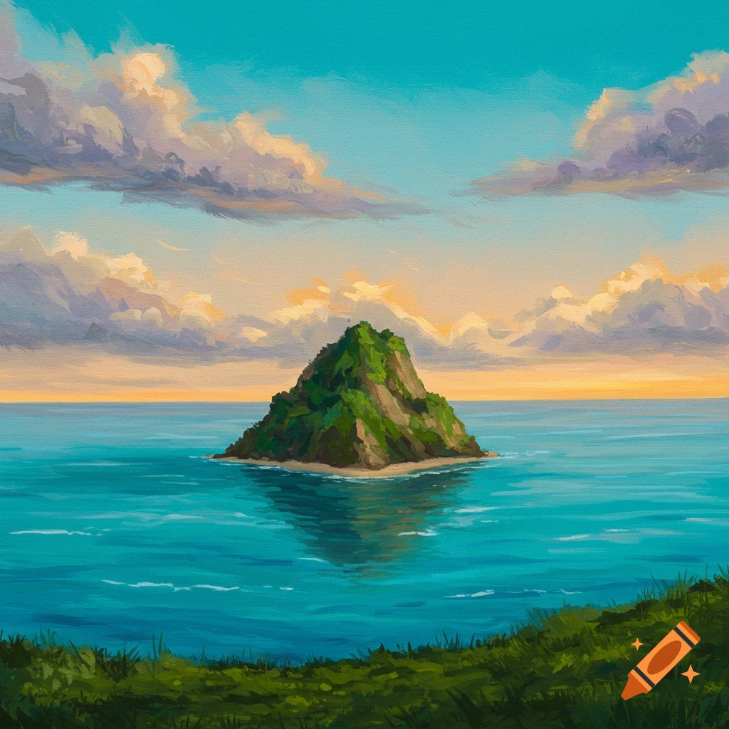 Stylized painting of a small, lush green island in turquoise water, under a warm sky with fluffy clouds, seen from a grassy hill.