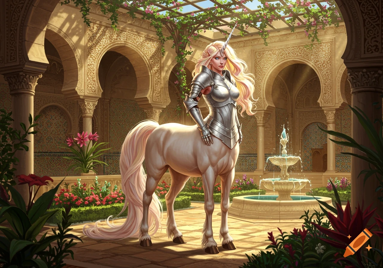 A realistic, beautiful female unicorn centaur in a white breastplate stands in a royal courtyard with arches, a fountain, and flowers.