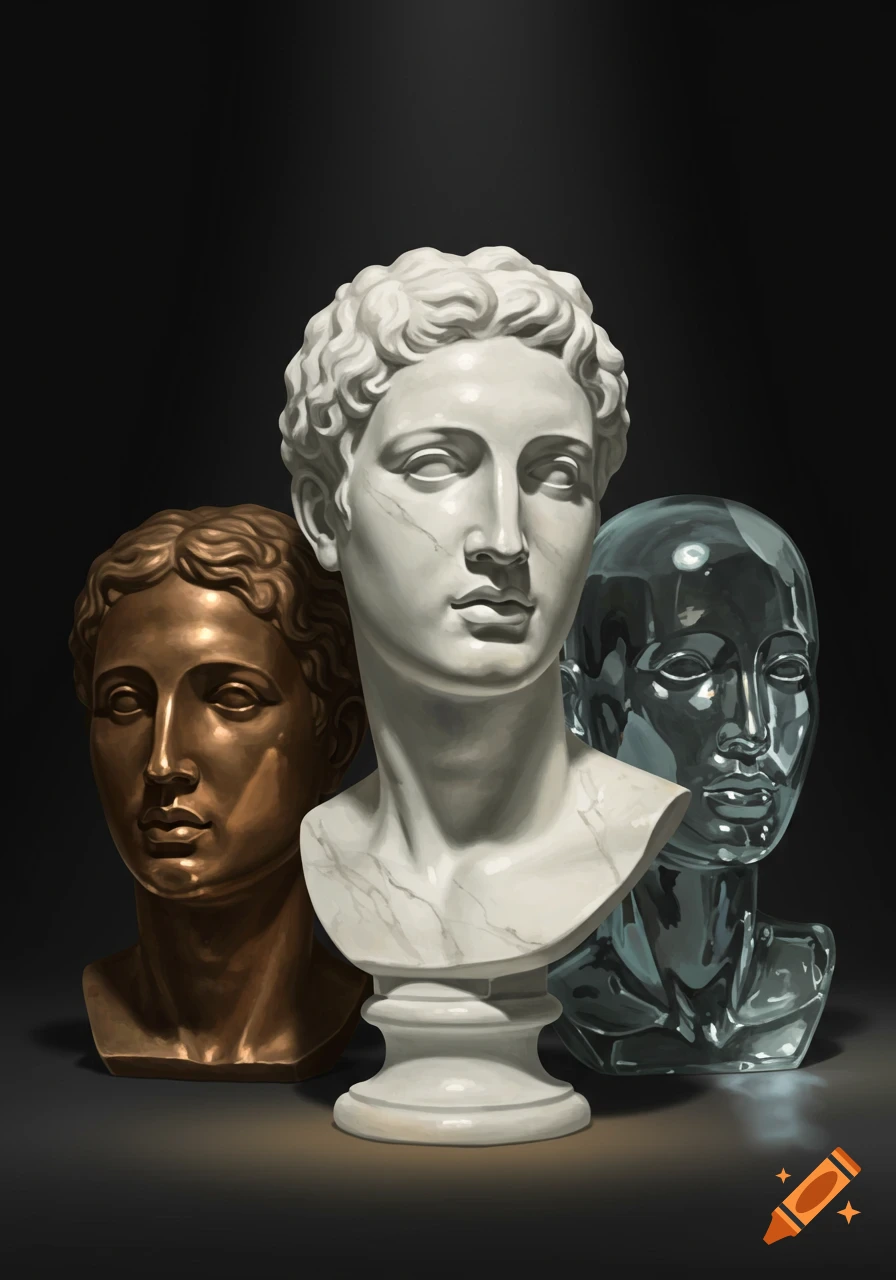 Three busts: a white marble male bust in front of a bronze female bust and a translucent glass male bust, against a dark background.