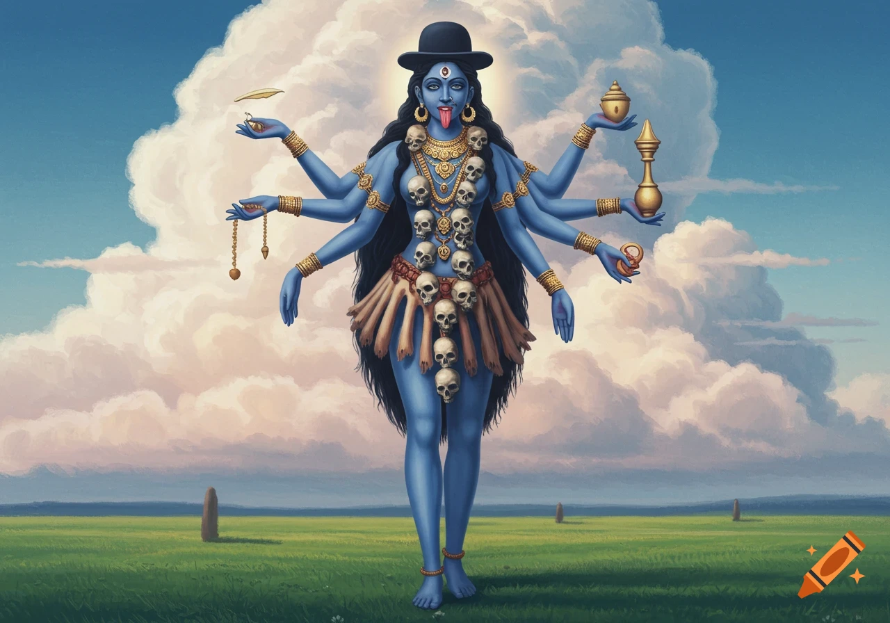 A painting of the blue-skinned goddess Kali with multiple arms, a skull necklace, and a bowler hat, standing in a green field.