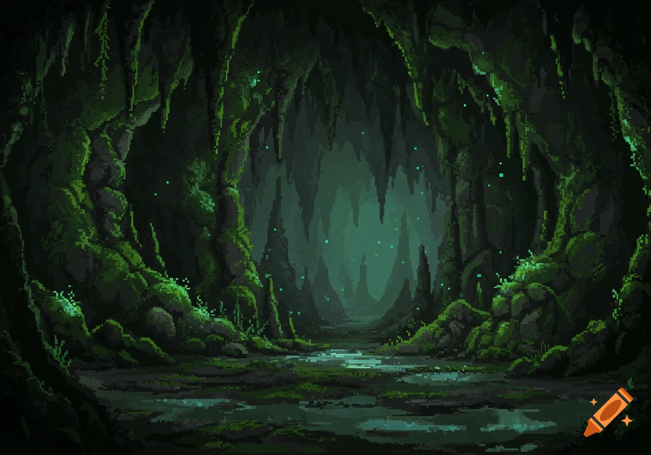 Pixelated dark mossy cave interior with glowing green elements and a small stream.