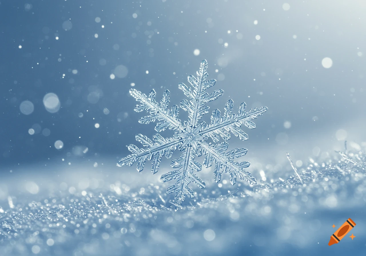 Close-up macro shot of an intricate snowflake on sparkling snow, with falling snow and blue bokeh background.
