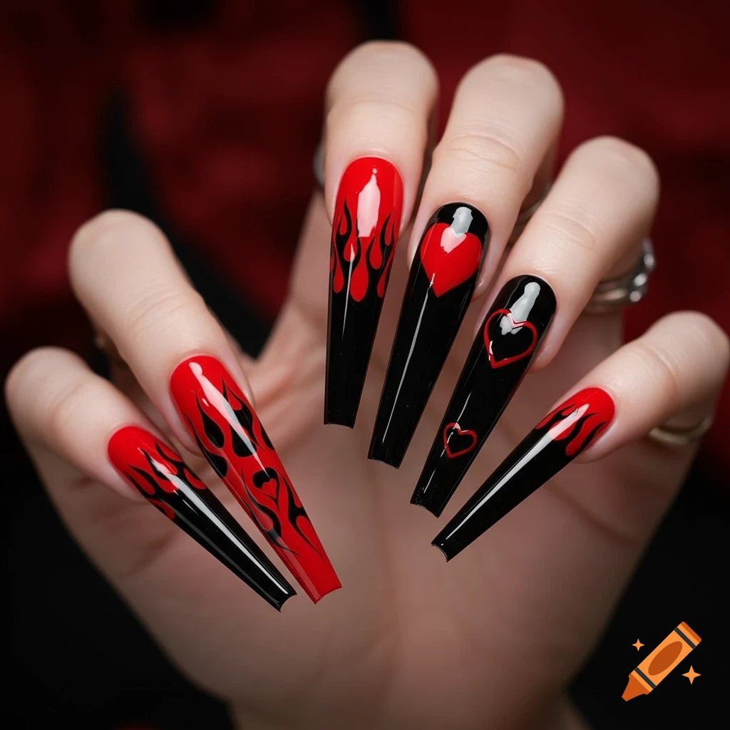 A hand displays long, coffin-style nails painted in red and black with flame and heart designs, photorealistic.