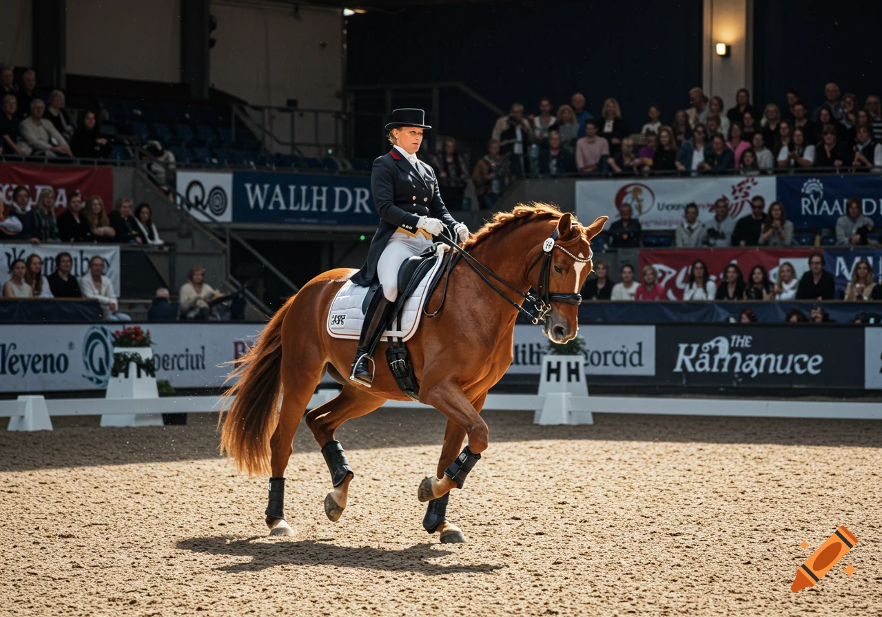 A photorealistic image of a woman riding a brown dressage horse in an arena during a competition.