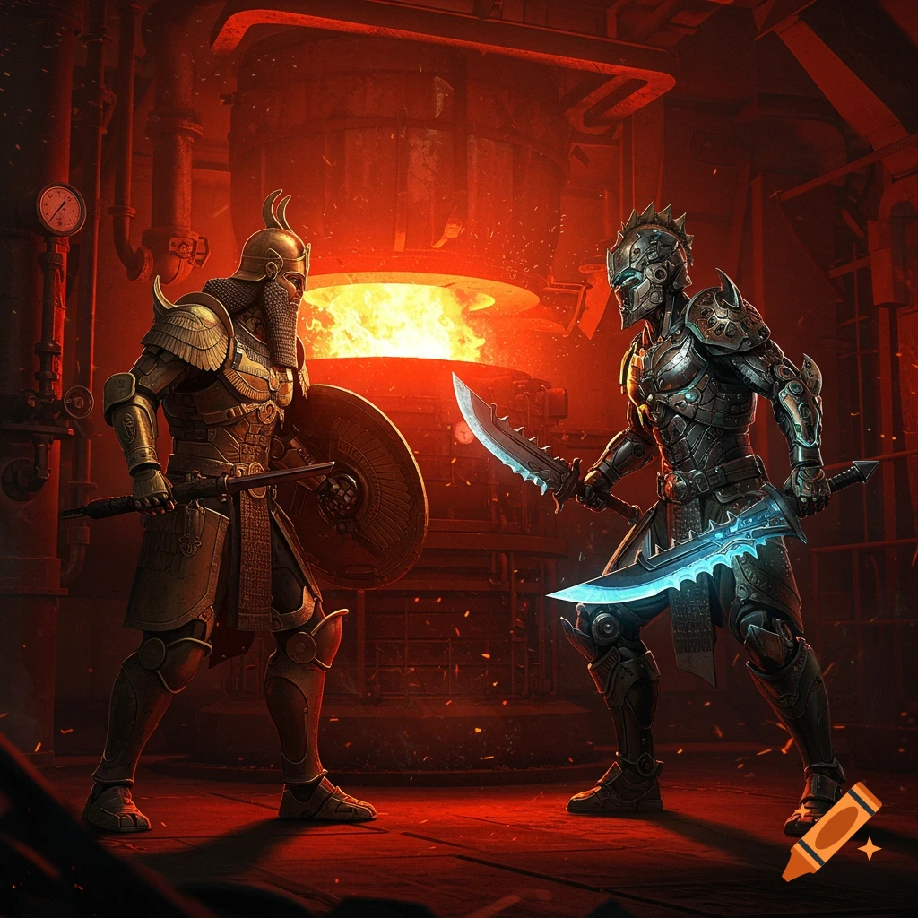 Two armored warriors, one in Assyrian-inspired gear, the other in futuristic armor, face off in a fiery blast furnace.