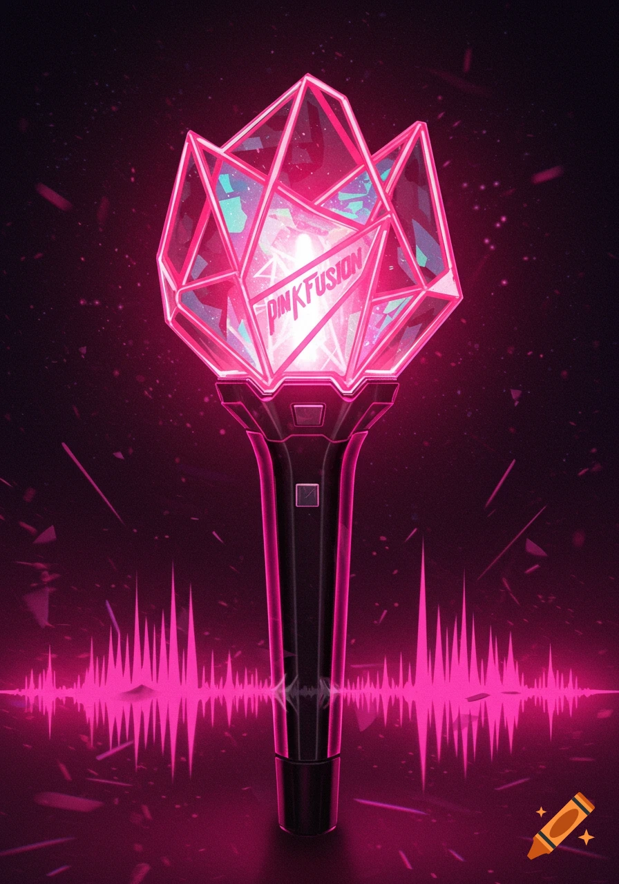 A glowing pink geometric K-pop lightstick with 'PINKFUSION' text, set against a dark background with pink sound waves.