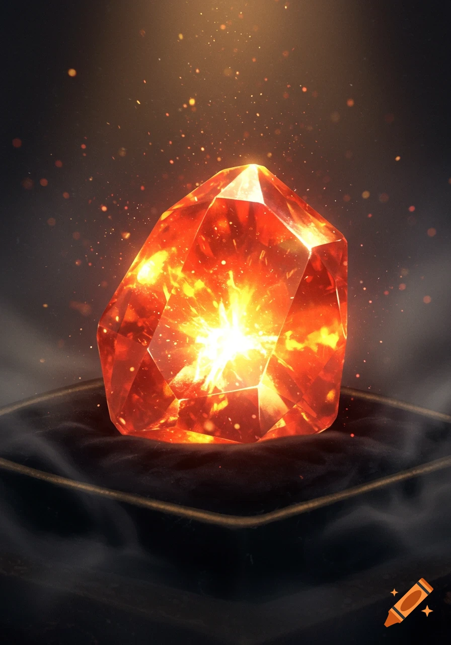 A radiant, faceted red and orange fire gem glows intensely from within, surrounded by sparkling particles, resting on a dark velvet surface.