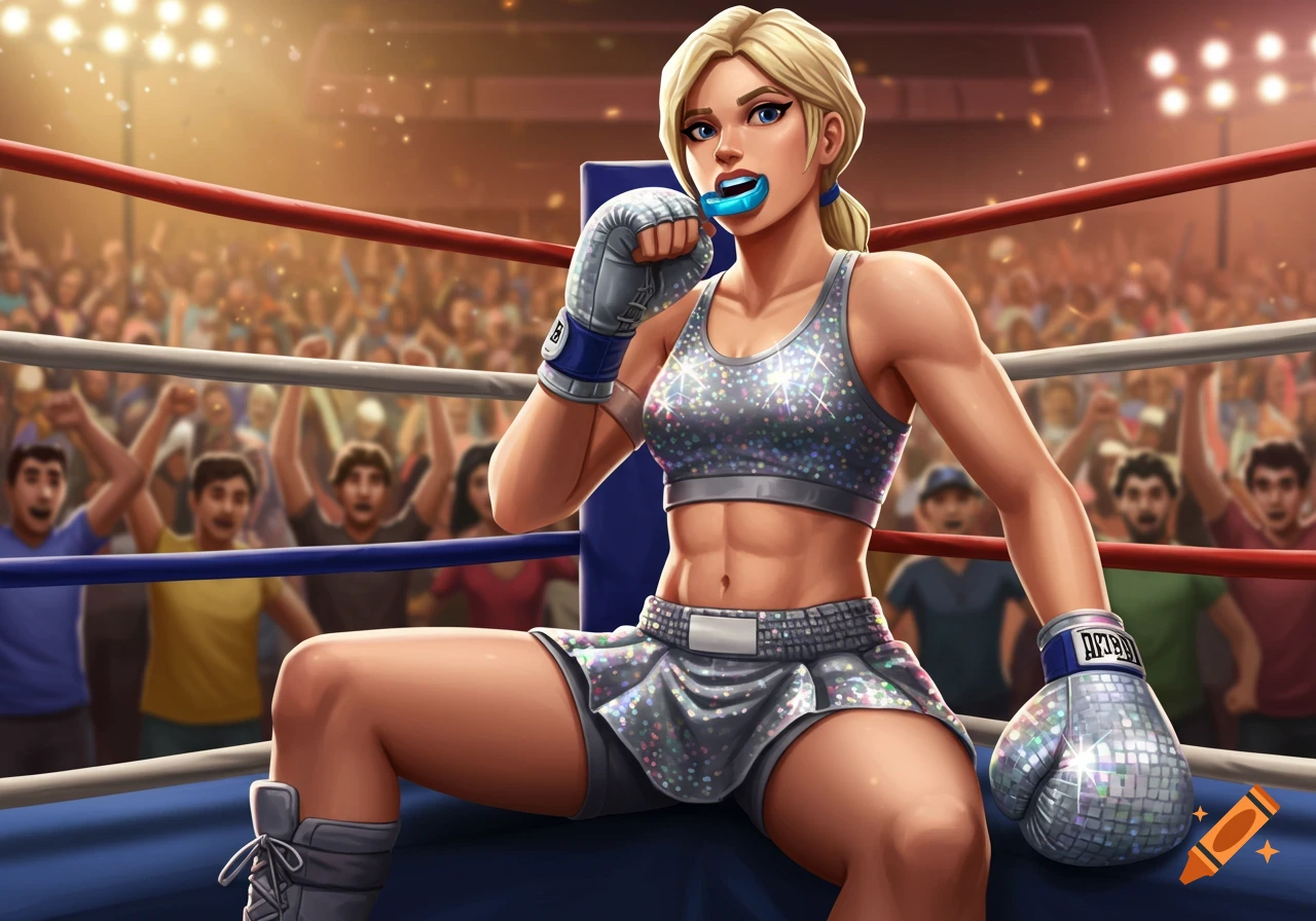 Blonde female boxer in a sparkly silver sports bra and skirt with a blue mouthguard sits in a boxing ring corner, with a cheering crowd.