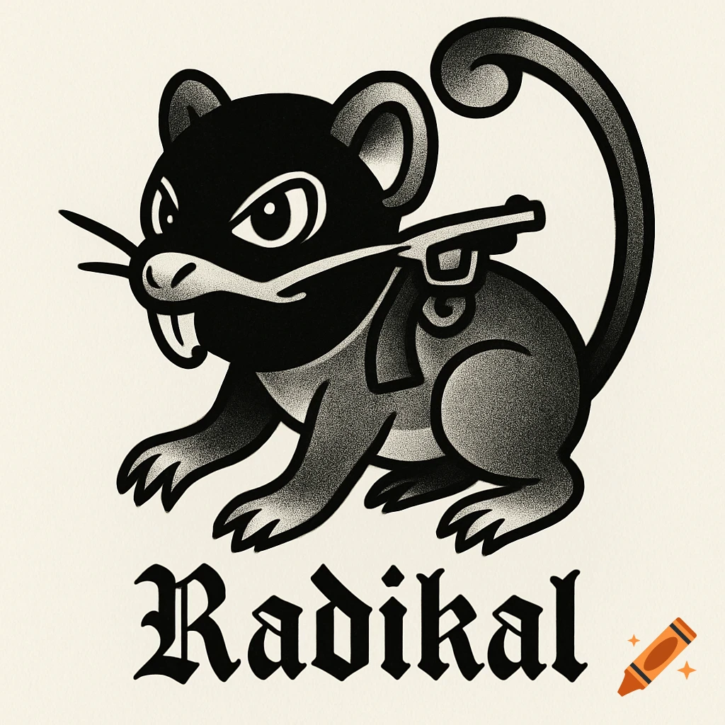 A stylized black and gray rat wearing a balaclava, with a small gun strapped to its back, sits above the word "Radikal" in Fraktur font, in an American traditional tattoo style.
