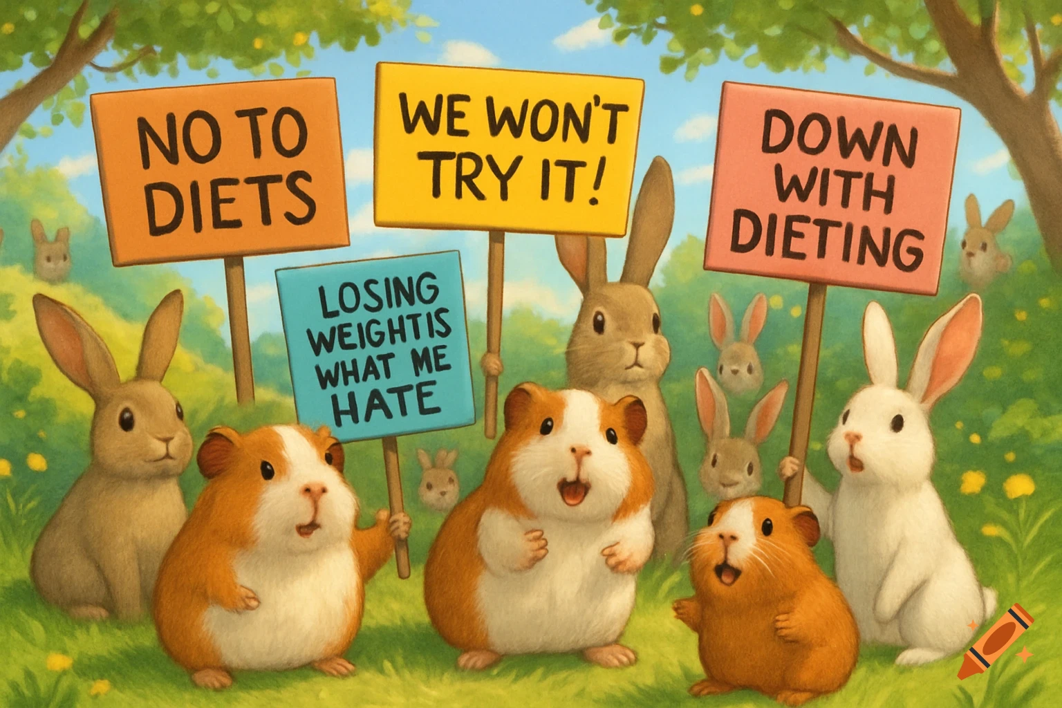A group of cute cartoon guinea pigs and rabbits protest with signs saying "NO TO DIETS", "WE WON'T TRY IT!", "LOSING WEIGHT IS WHAT ME HATE", and "DOWN WITH DIETING".