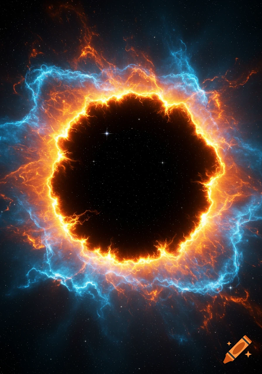 A cosmic image with a dark central hole surrounded by swirling, bright orange and blue glowing nebula energy, with stars in the background.