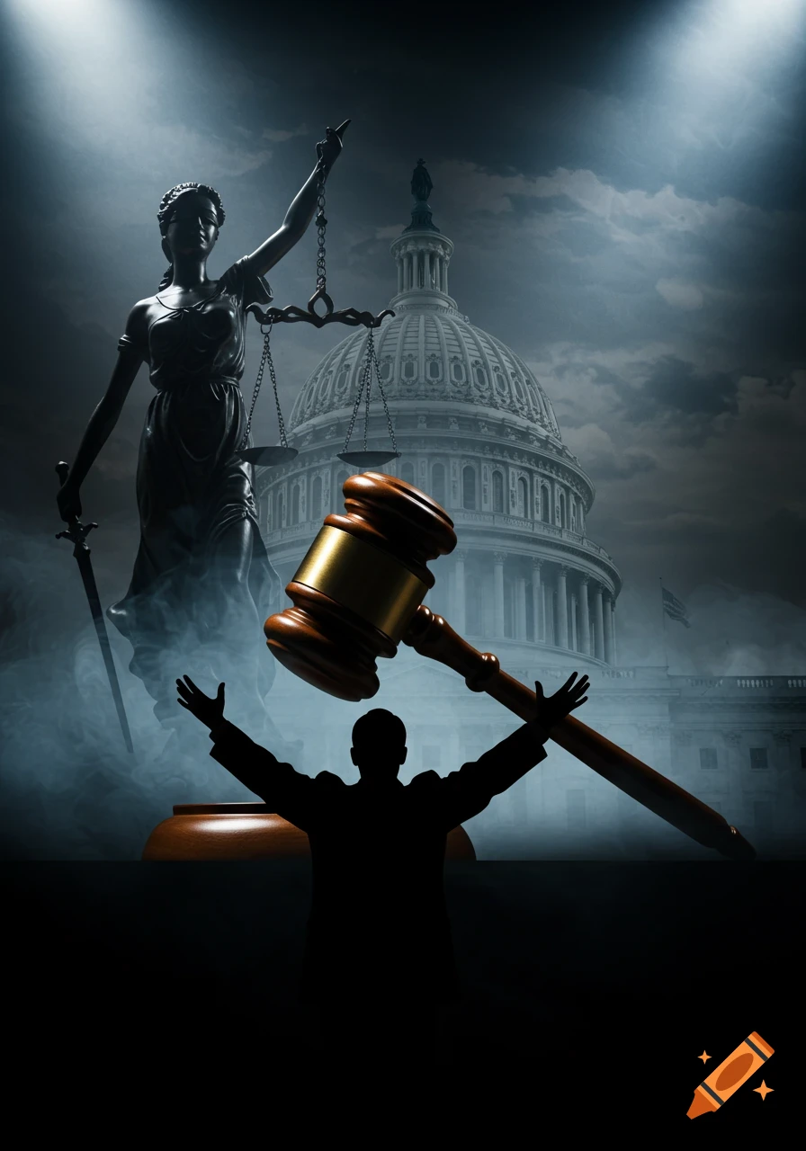 Dramatic image of Lady Justice, a large gavel, and a person with raised hands before the US Capitol dome under a stormy sky.