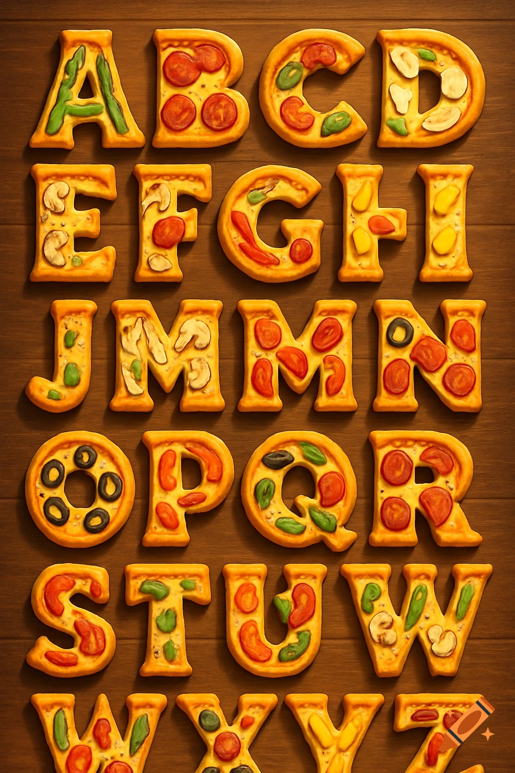 A colorful chart of the English alphabet, with each uppercase letter formed as a miniature pizza topped with various ingredients on a wooden surface.