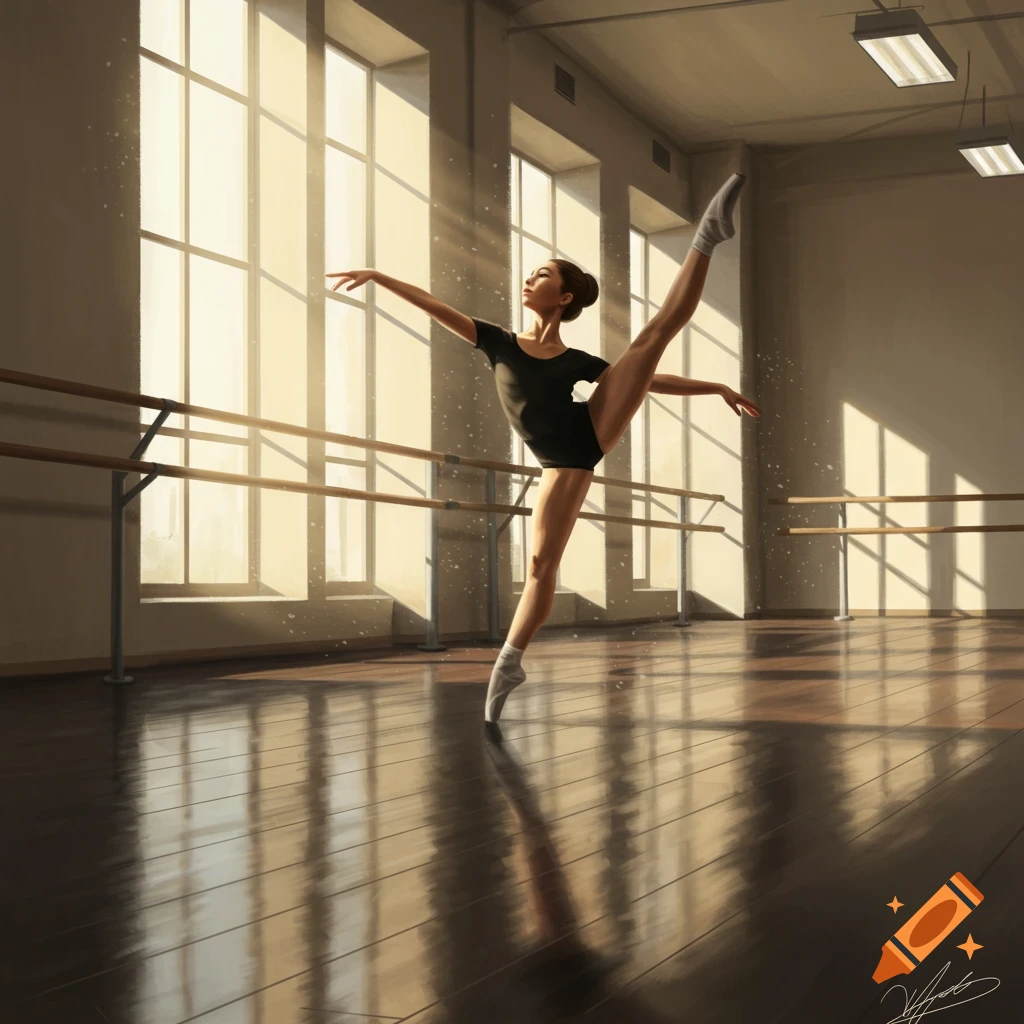 A ballerina in a black leotard performs a high leg split in a sunlit dance studio with large windows.