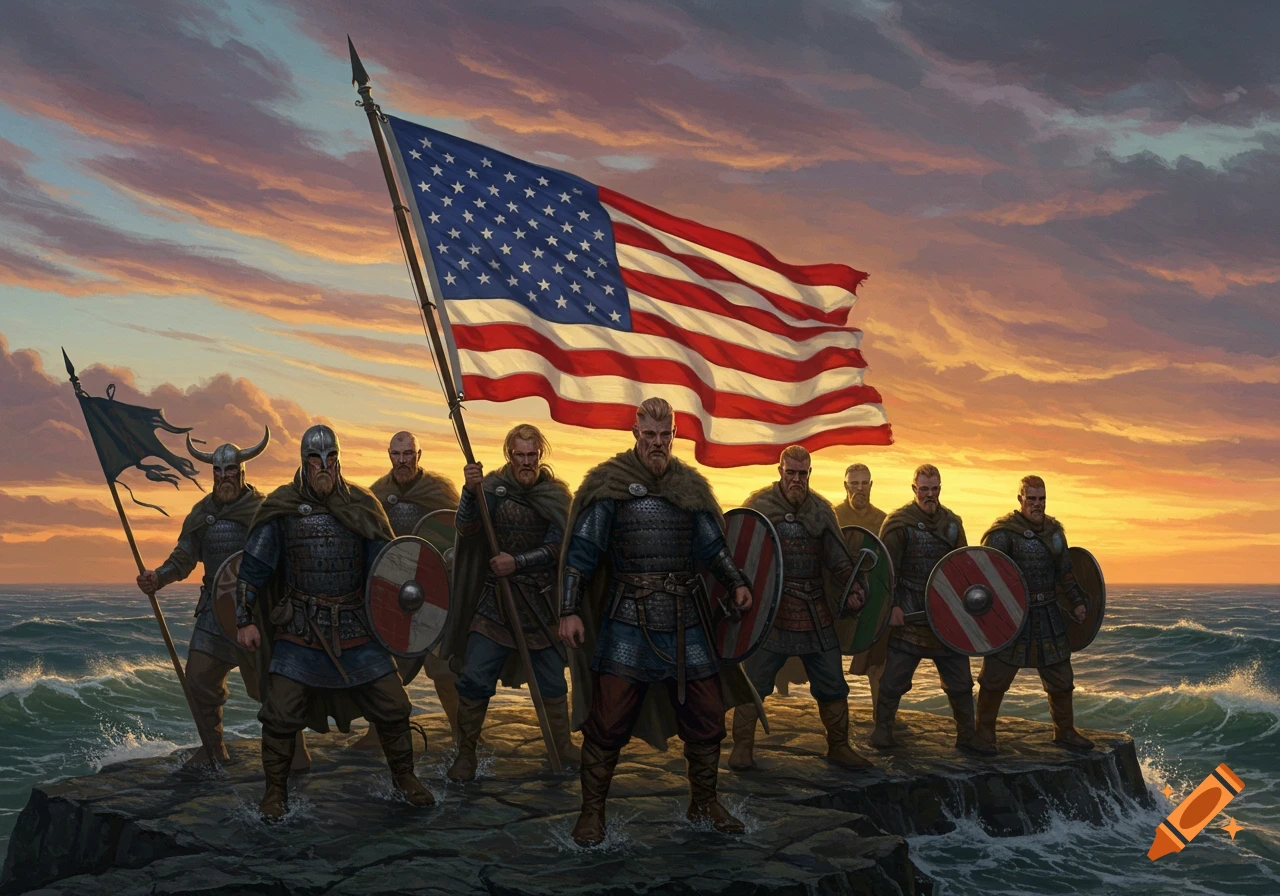 Digital painting of armored Vikings on a rocky shore at sunset, one proudly holding a large American flag.