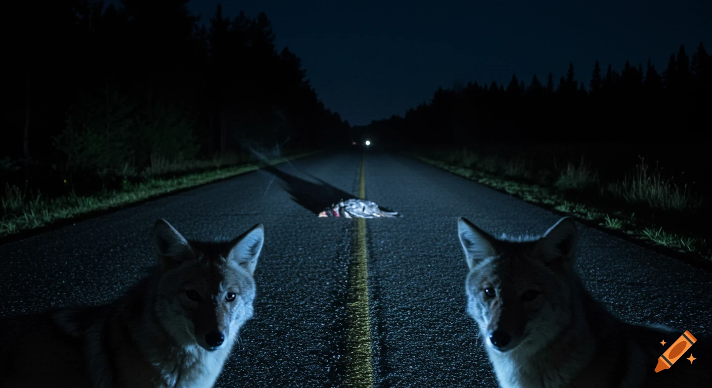 Two coyotes stand on a dark road at night, with a dead bird in the distance and a pine forest under cold moonlight.