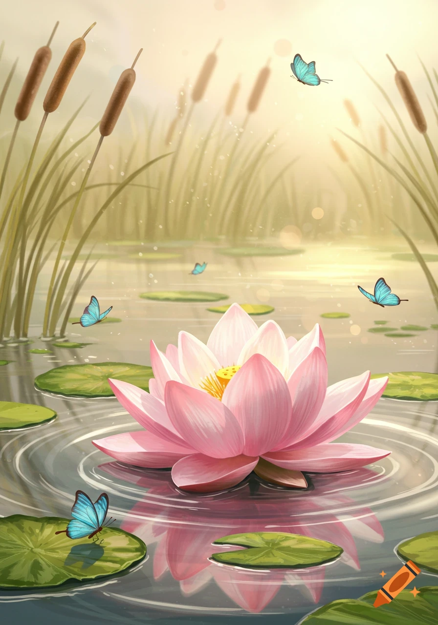 A vibrant pink lotus flower in a pond with lily pads, reeds, and blue butterflies under a warm, glowing sky, in a painterly style.