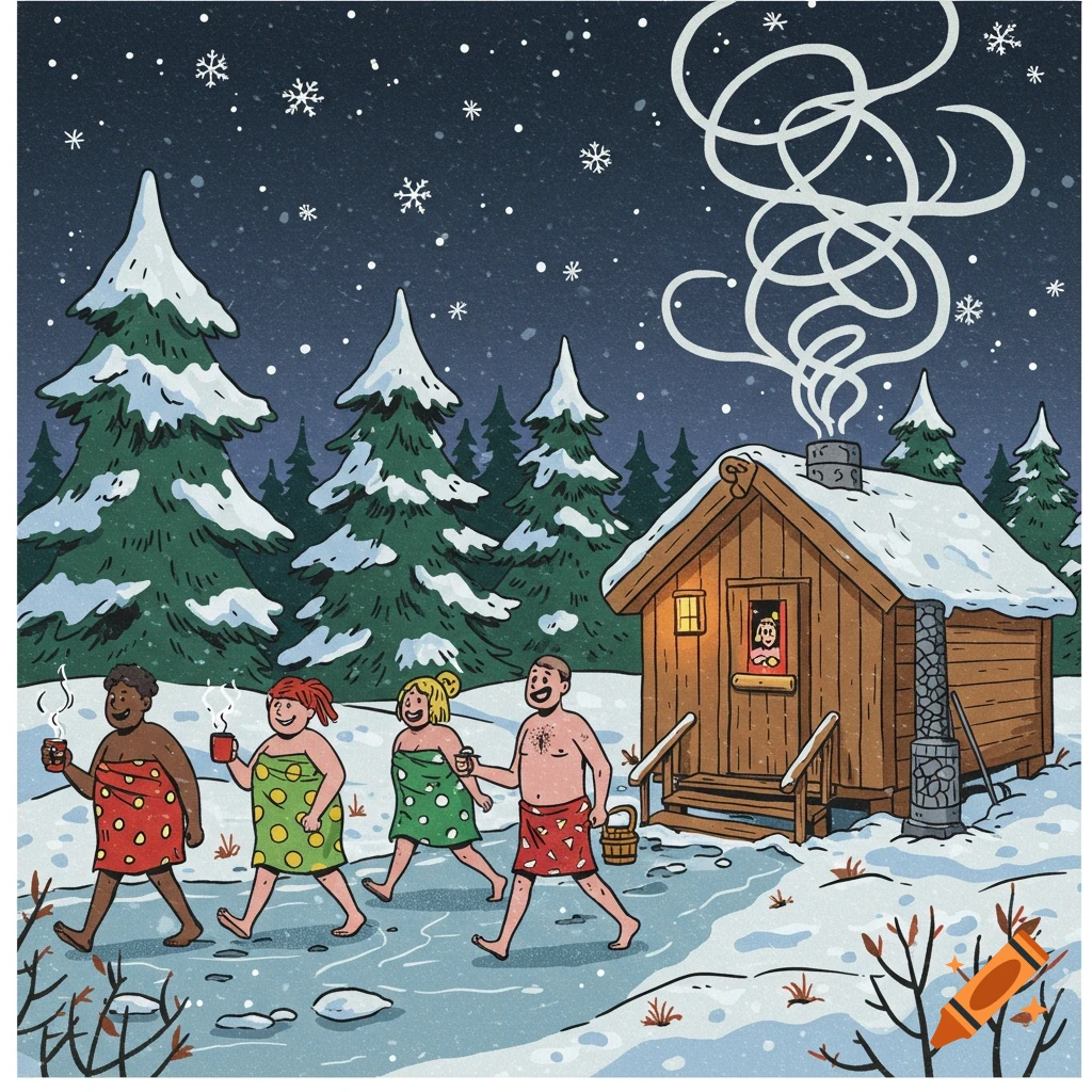 Four people in towels walk through a snowy forest towards a steaming cabin sauna at night, comic style.