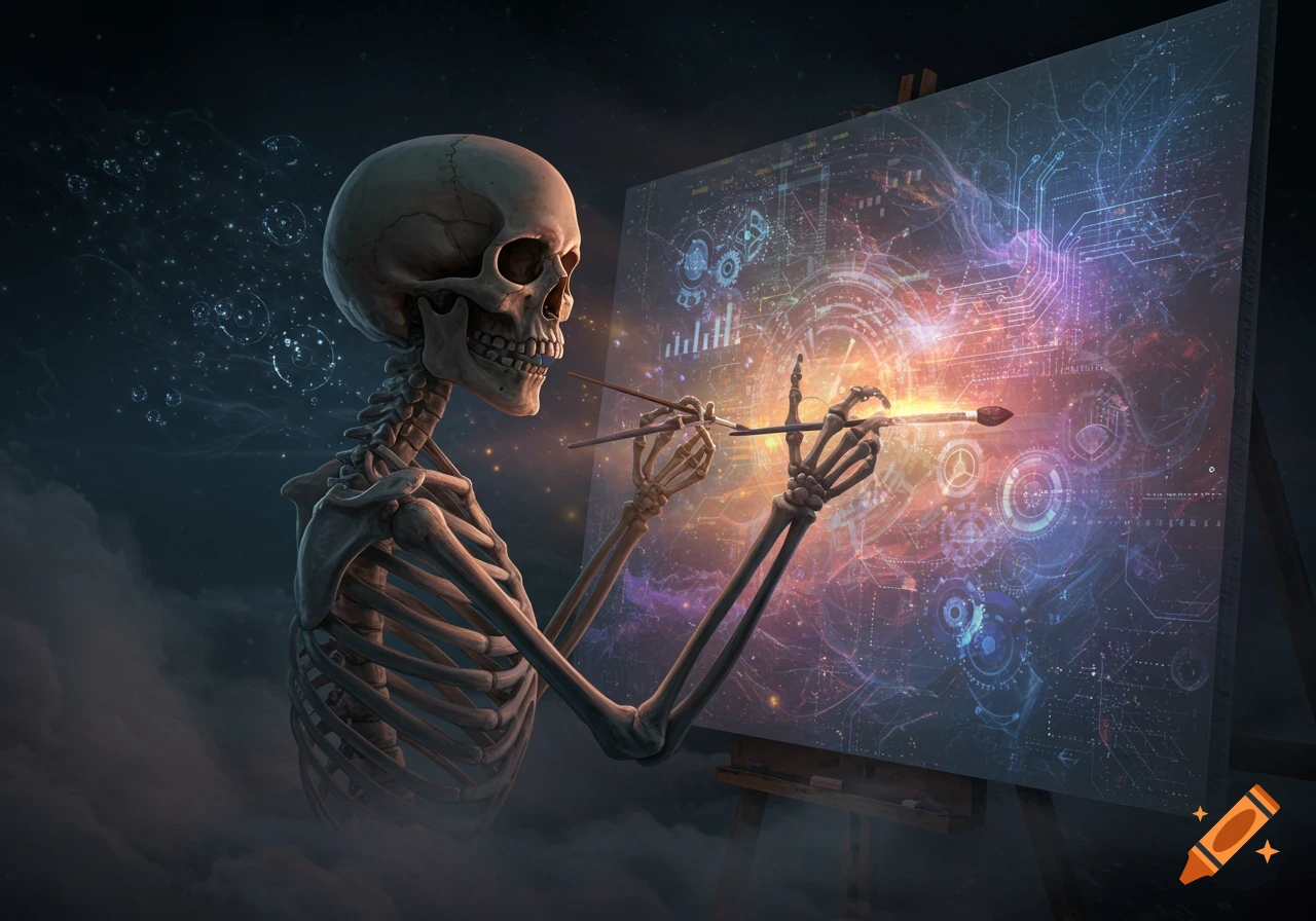 A skeleton artist paints a glowing canvas filled with futuristic circuits and data in a dark, atmospheric digital art style.