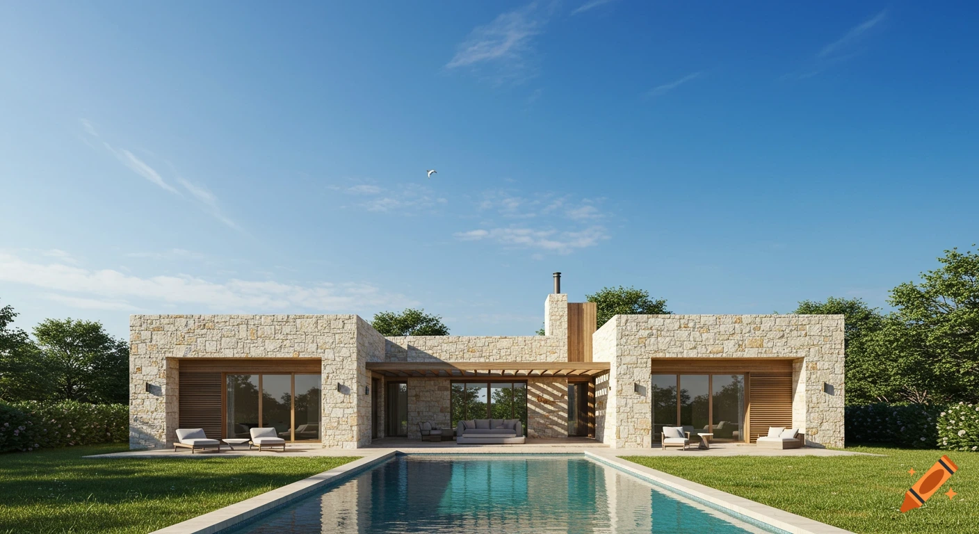A modern stone and wood house with a rectangular pool and green lawn under a bright blue sky.