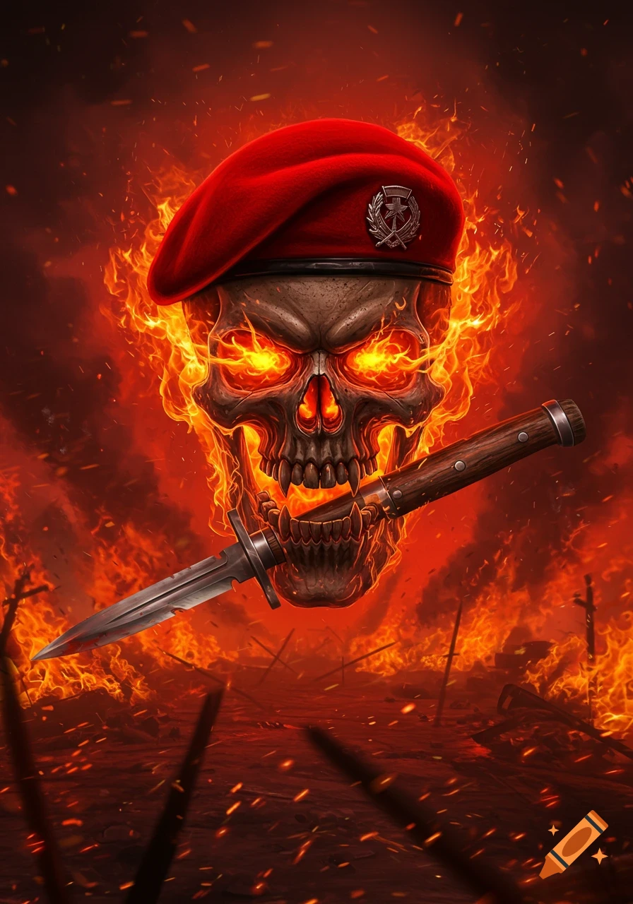 A flaming skull wearing a red military beret bites a bayonet, set against a fiery, smoky battleground.