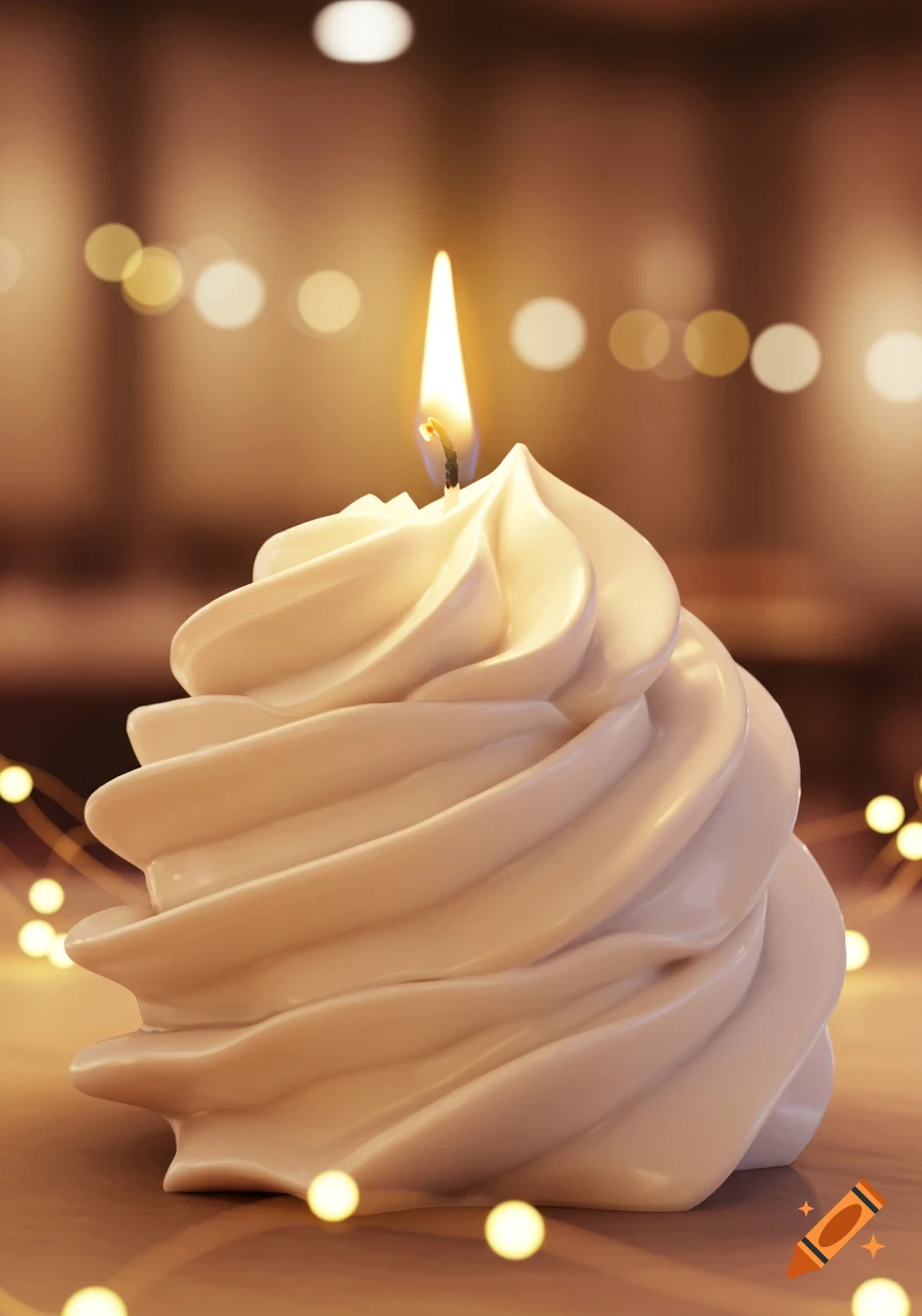 A white candle shaped like a swirl of whipped cream, with a glowing flame on a wick, against a warm, blurred background with bokeh lights.