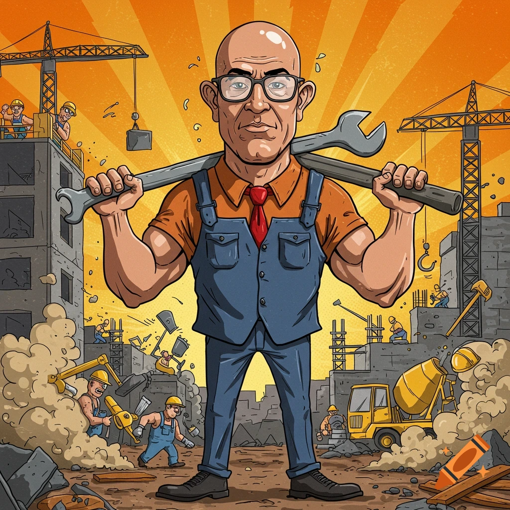 Comic art of a bald construction manager with glasses and a wrench on his shoulders, on a busy construction site.