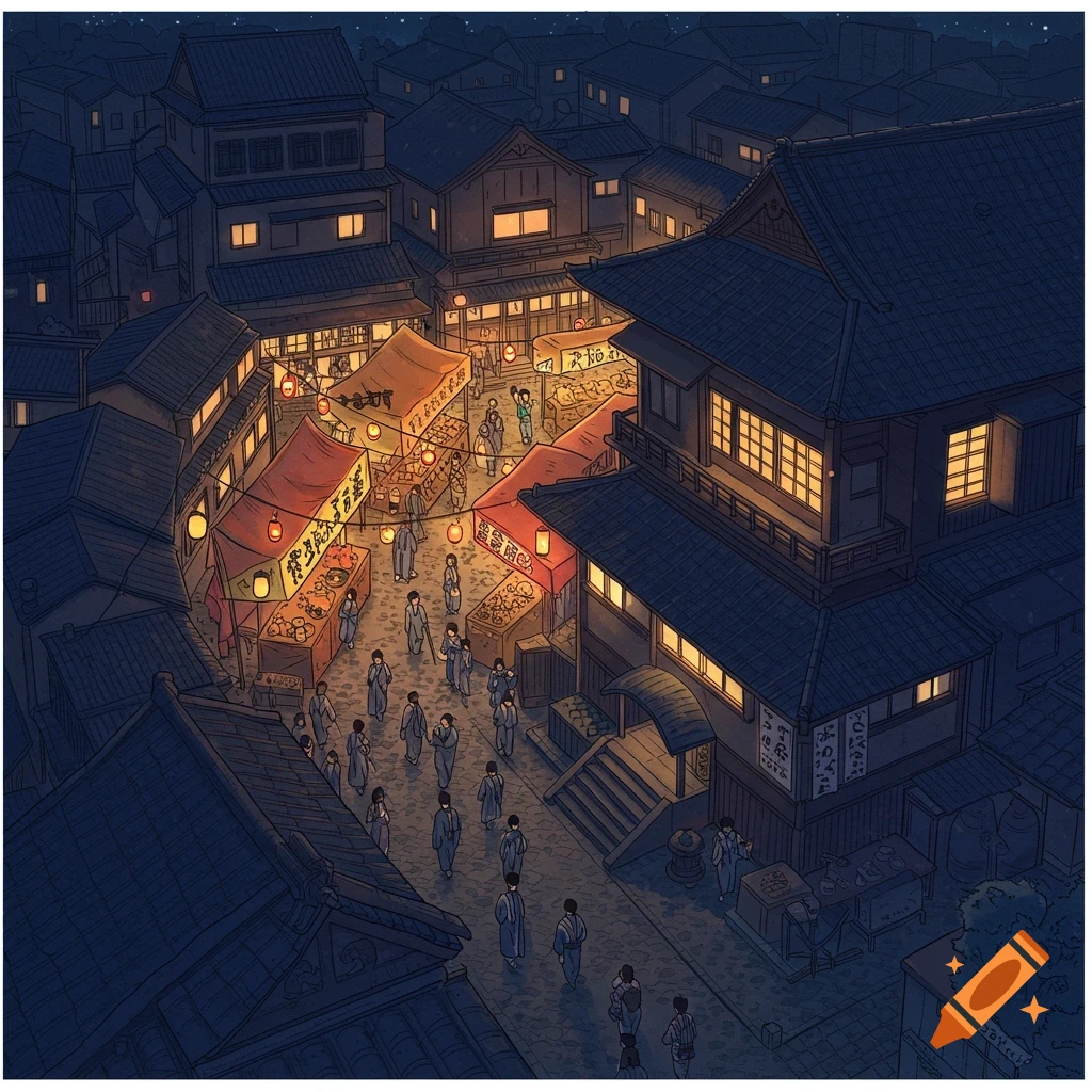 An illustrated bird's-eye view of a bustling Japanese village at night during a festival, with lit market stalls and traditional buildings.