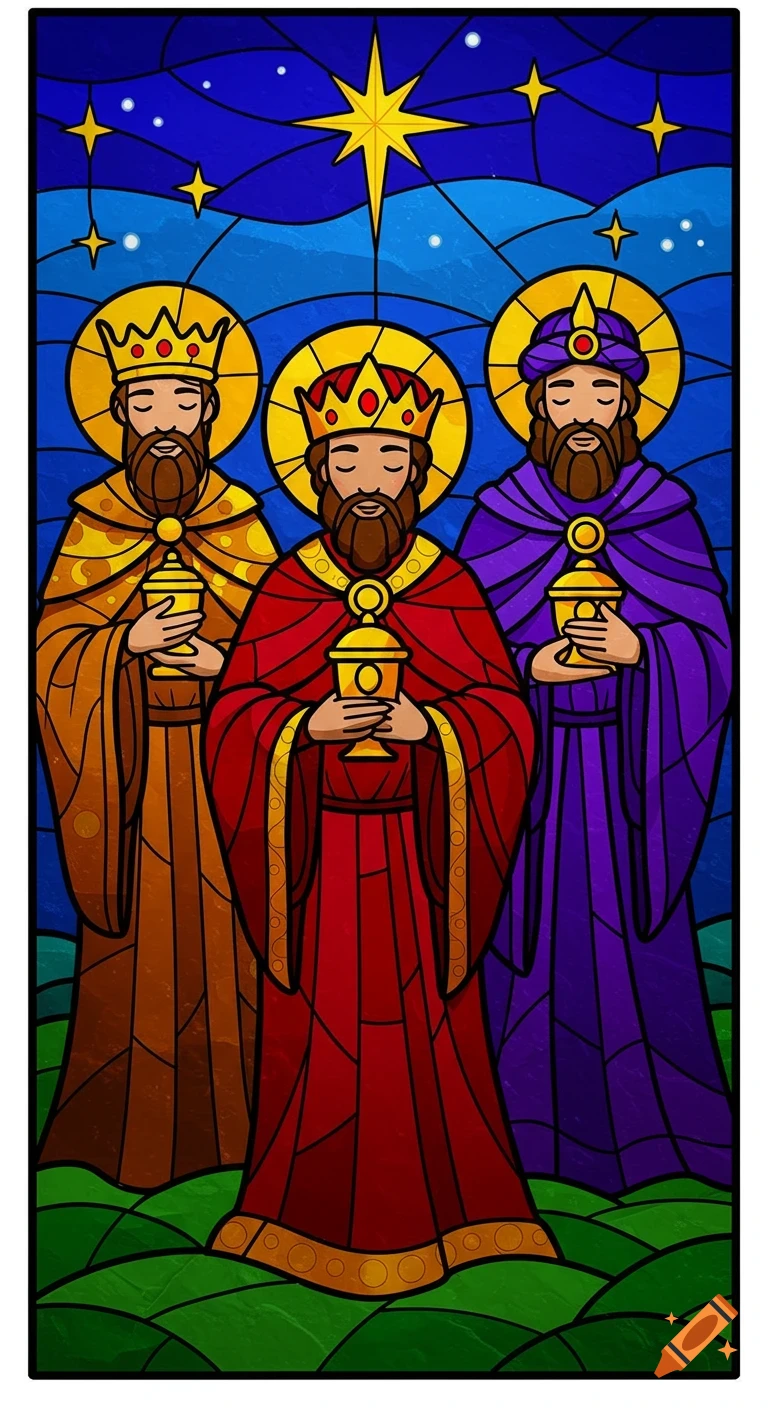 Stained glass image of the Three Wise Men in colorful robes, holding golden gifts under a starry blue night sky with a prominent star.