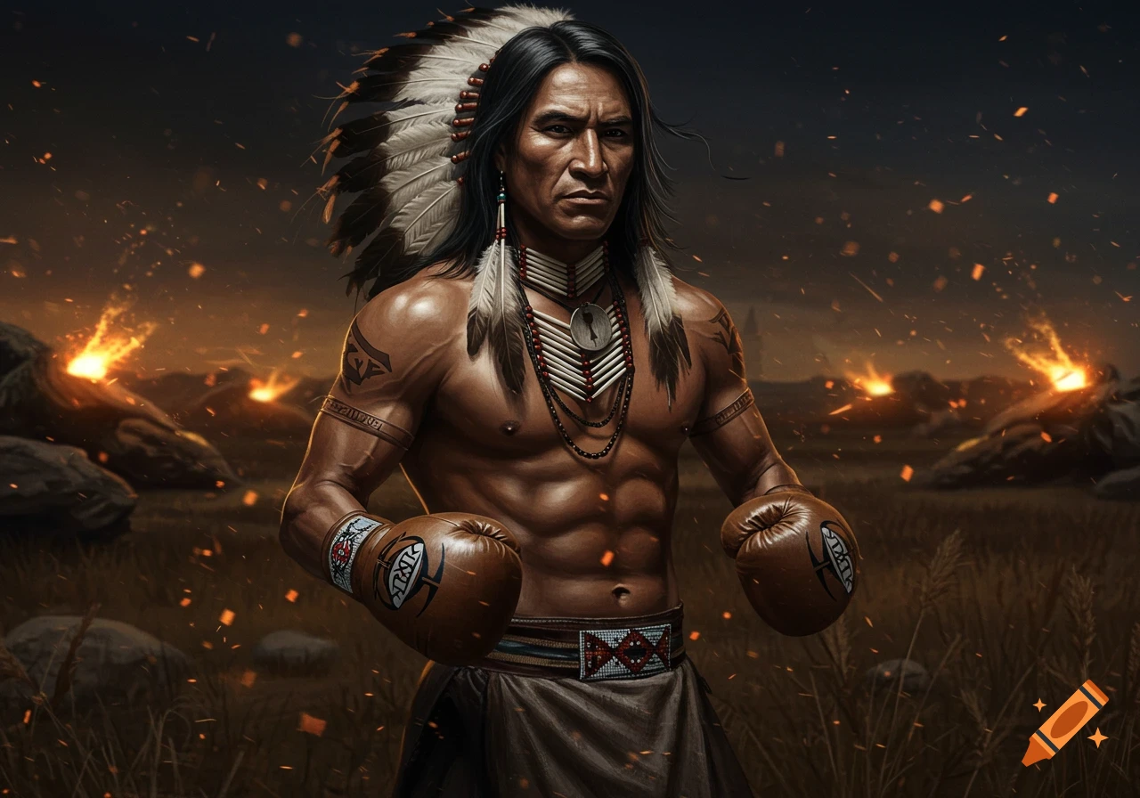 A muscular Native American man with a feathered headdress and boxing gloves stands in a fiery, dramatic landscape.