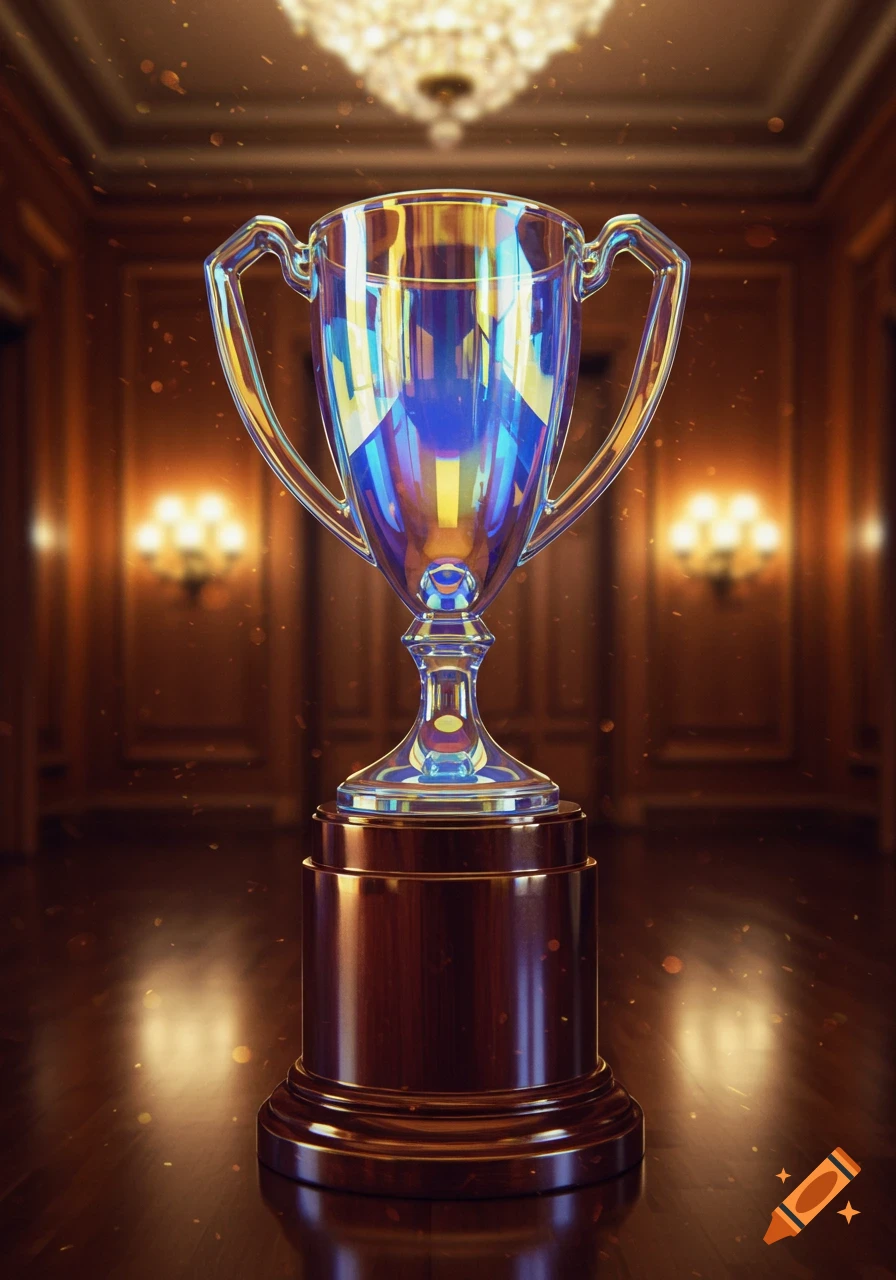 A shimmering, iridescent glass trophy with a wooden base stands prominently in a luxuriously decorated room.