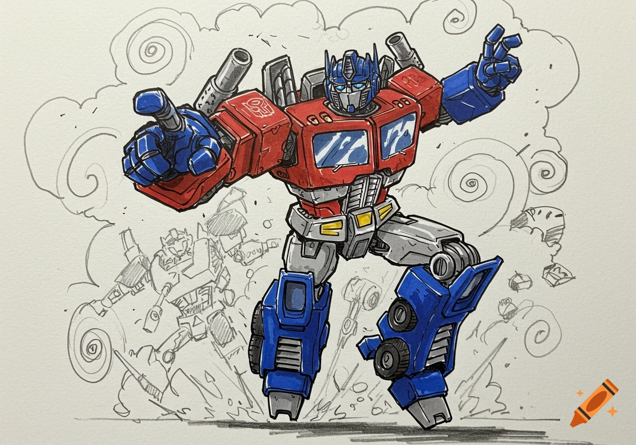 A stylized drawing of Optimus Prime in red and blue, pointing forward, with faint sketch outlines of other transformers in the background.
