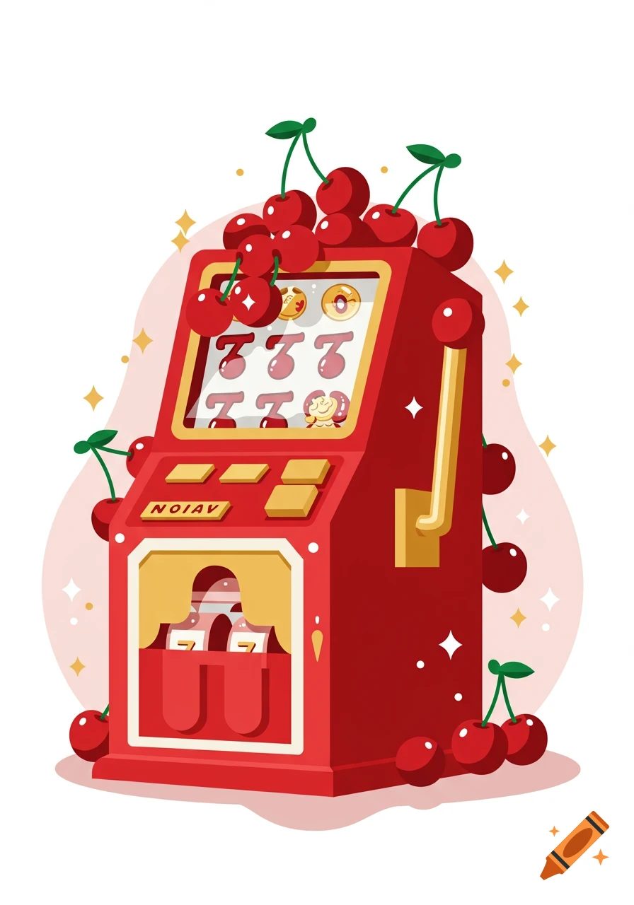 A vibrant red slot machine adorned with numerous cherries, displaying three 7s and a smiling cherry on its screen, set against a simple white background.