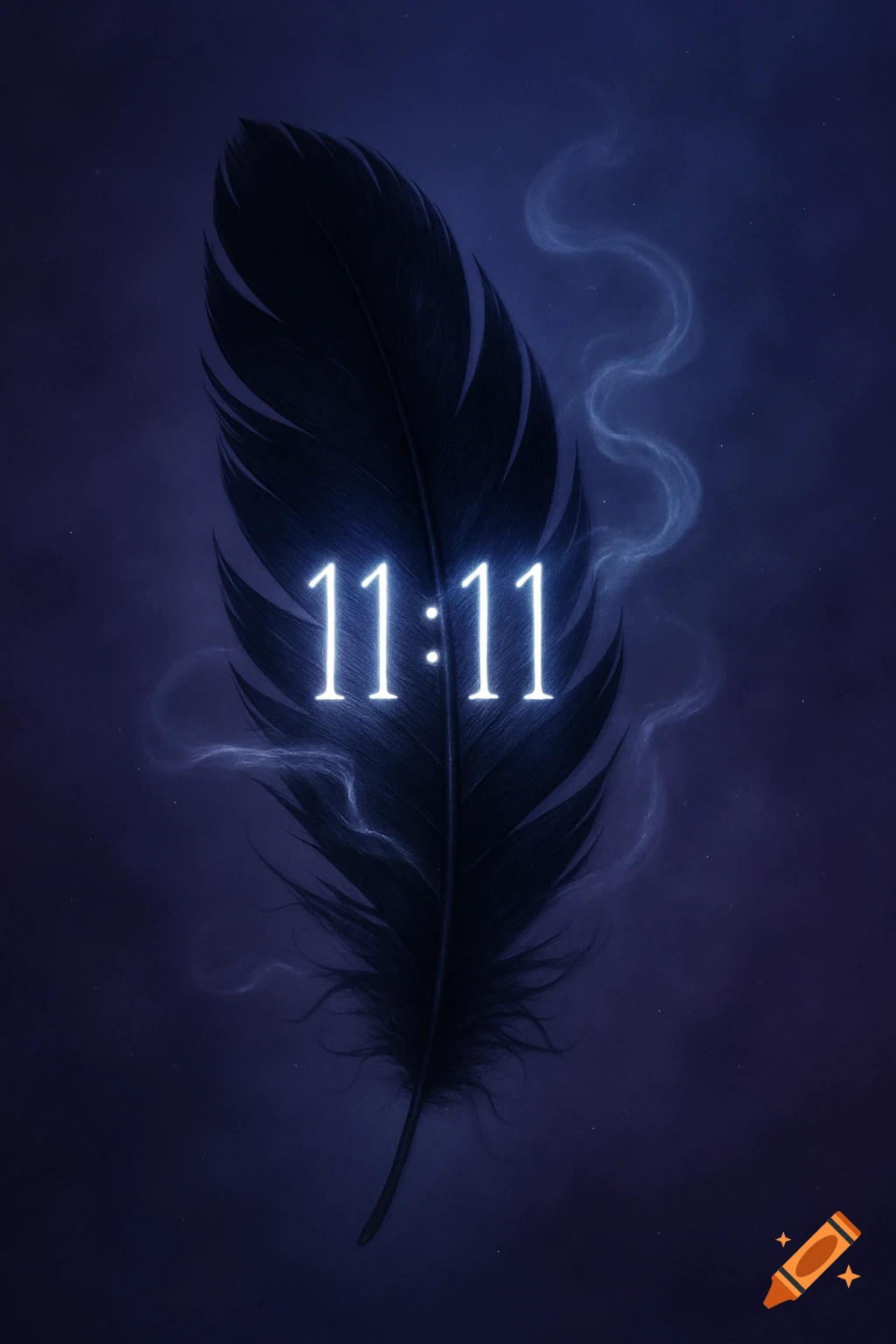 A dark, textured feather with glowing white numbers "11:11" centered on it, set against a deep blue, hazy background with light wisps.