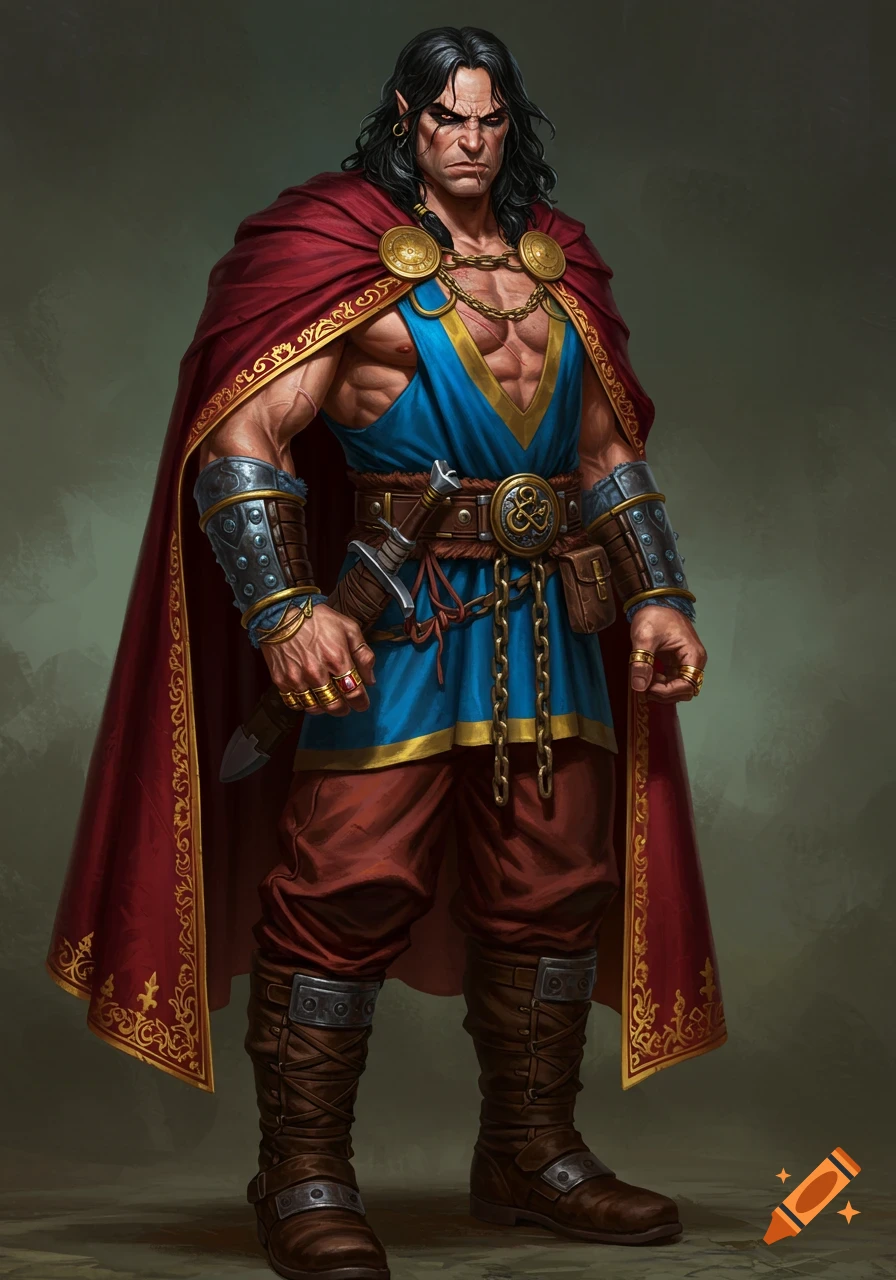 Hyper-realistic oil painting of Thoram, a muscular barbarian warrior in a red cloak, blue tunic, and rust-colored pants, with a stern expression.