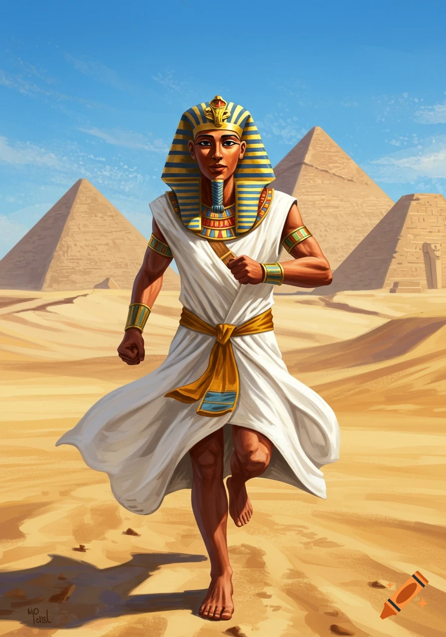 Stylized illustration of an Egyptian Pharaoh in a white tunic running barefoot in a desert with pyramids.