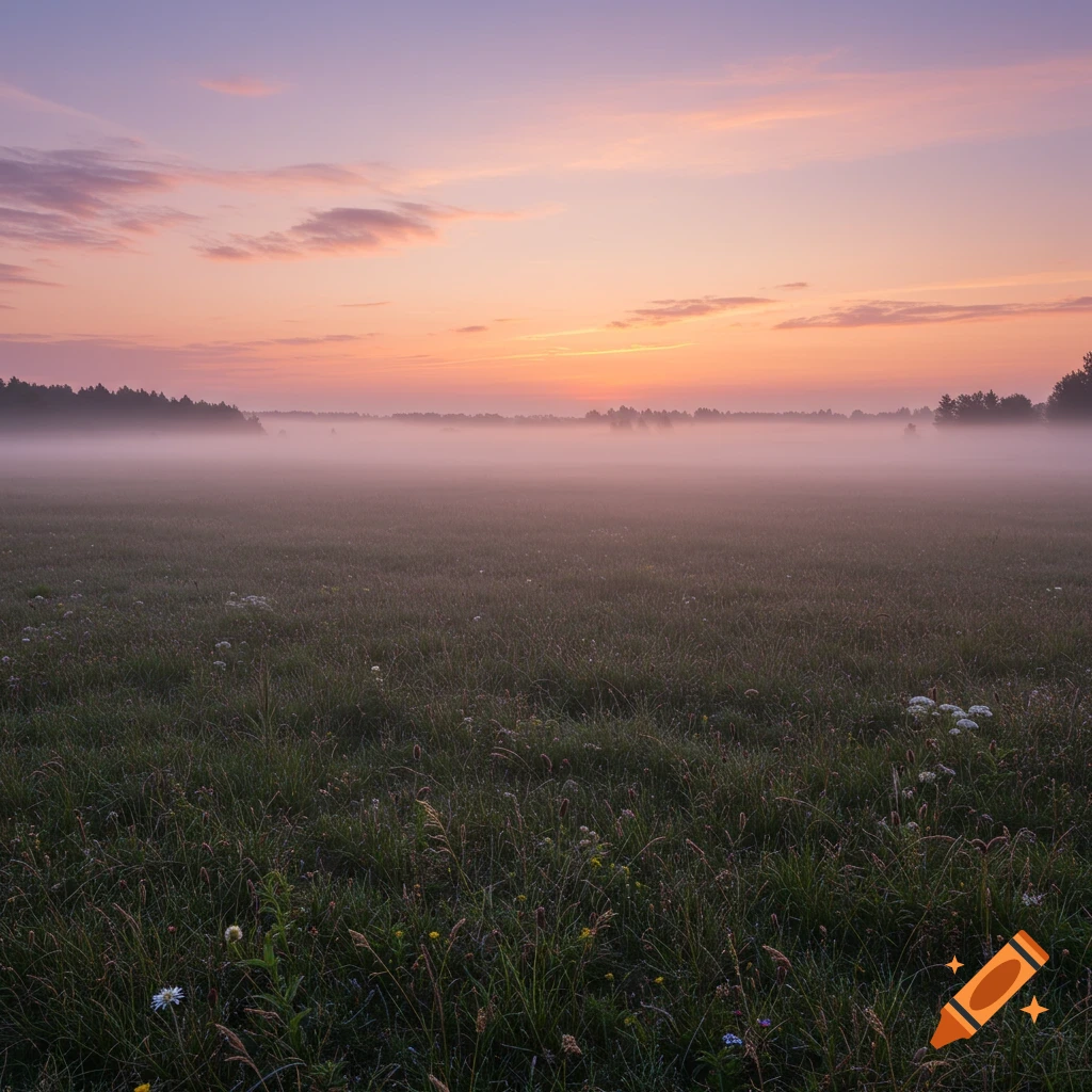 A vast, misty field at sunrise with a distant forest line under a pastel sky.