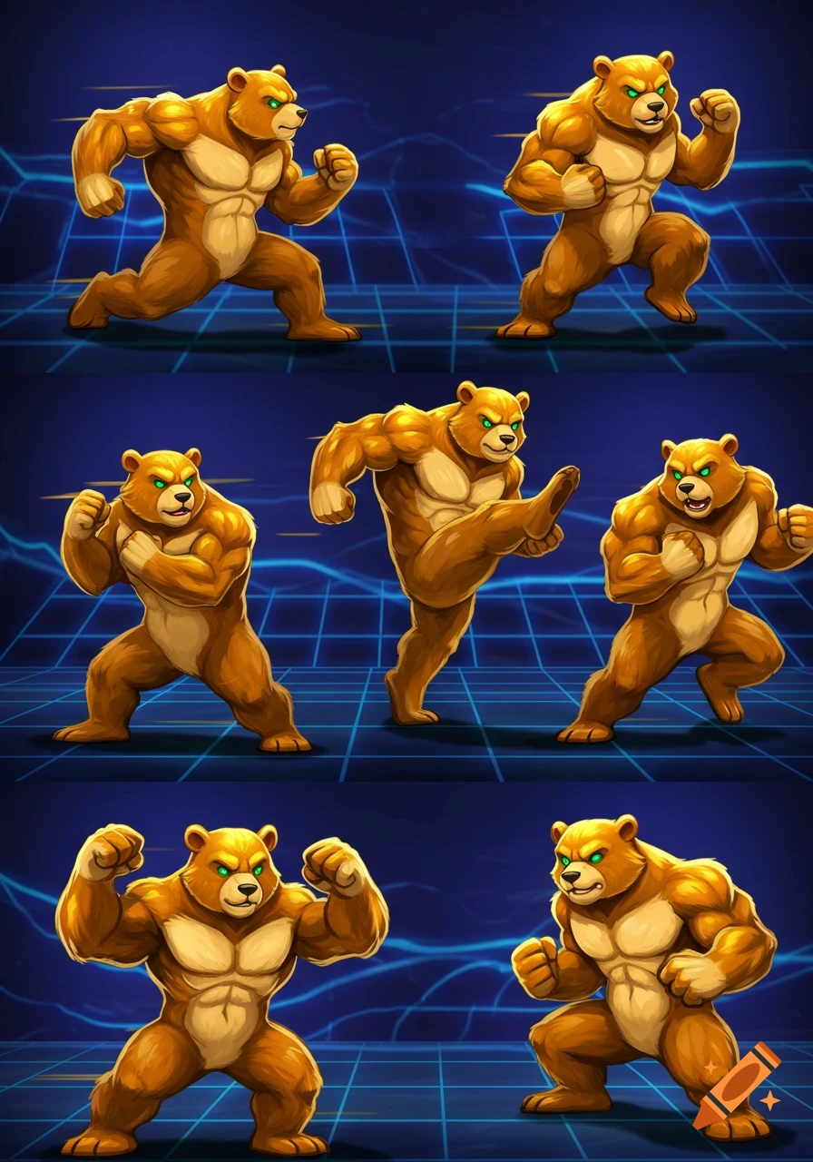 Muscular golden bear sprite with green eyes in various action poses like running, punching, and kicking, on a blue grid.