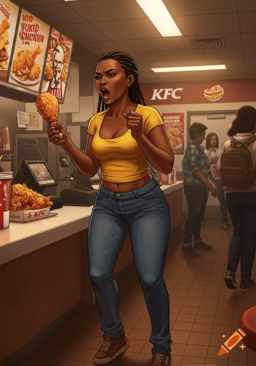 An angry Black woman in a yellow shirt and jeans stands at a KFC counter, holding a piece of fried chicken, in a comic book art style.