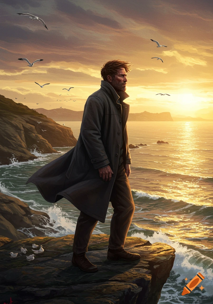 A man in a trench coat stands on a rocky cliff overlooking a golden sea at sunset, with seagulls flying above.