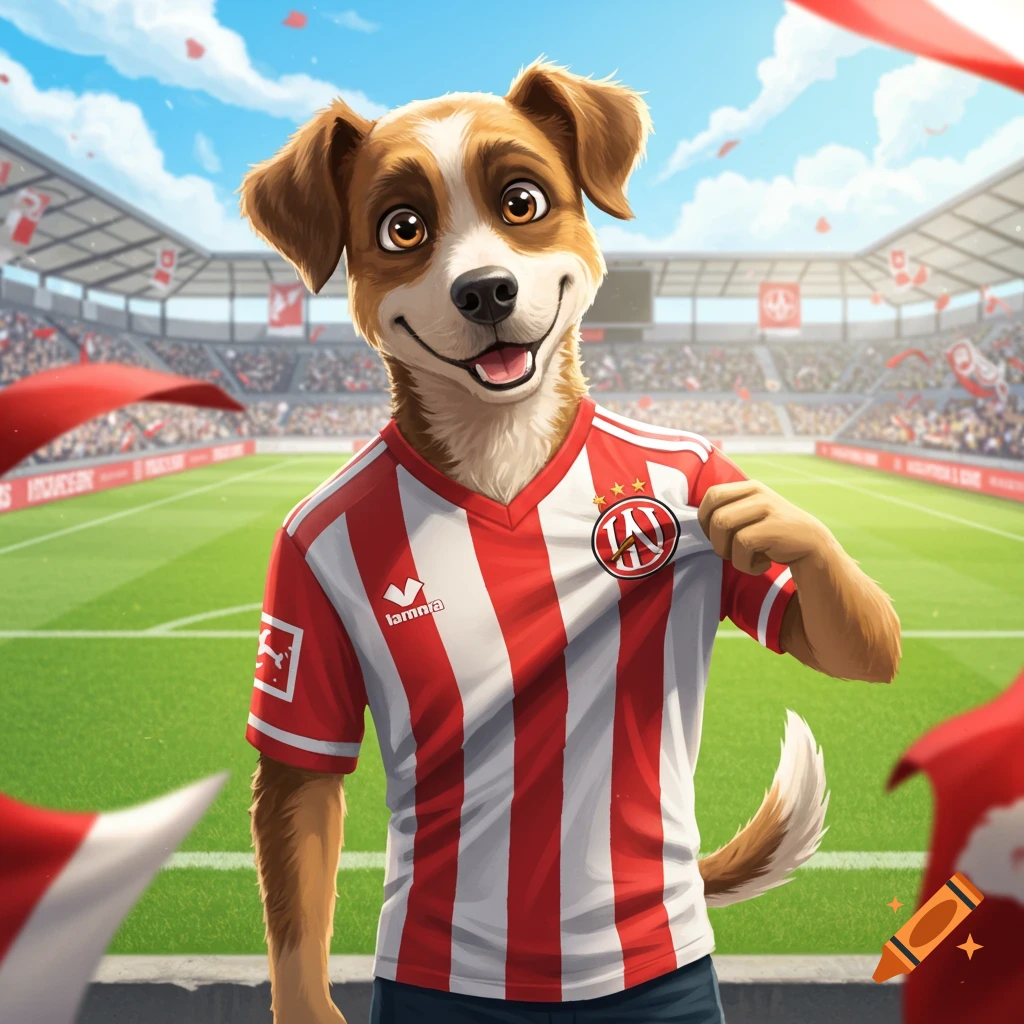 A happy cartoon dog in a red and white striped football jersey stands ...